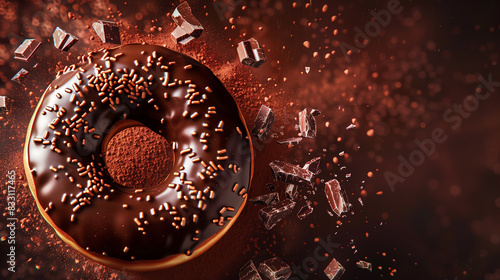 delicious chocolate donut with liquid chocolate and sprinkles explosion donut advertisement banner with copy space for text, promotion advertising background  photo