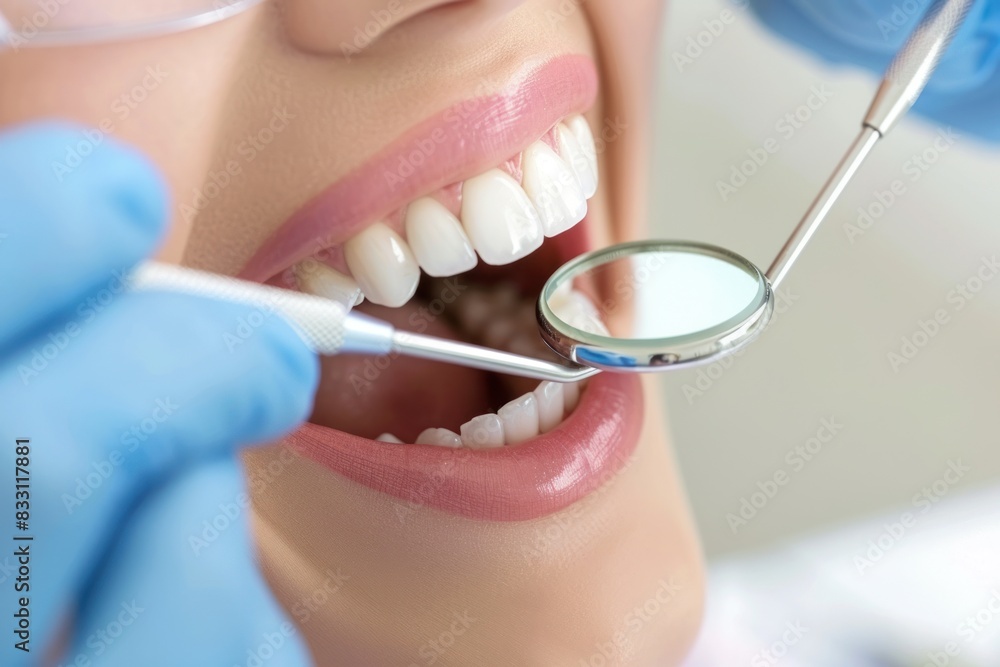 Naklejka premium Dental care, dentist, patient teeth close-up, check after teeth cleaning, braces, and dental consultation. dentistry and happy female patient with orthodontist for oral hygiene, wellness, and cleaning