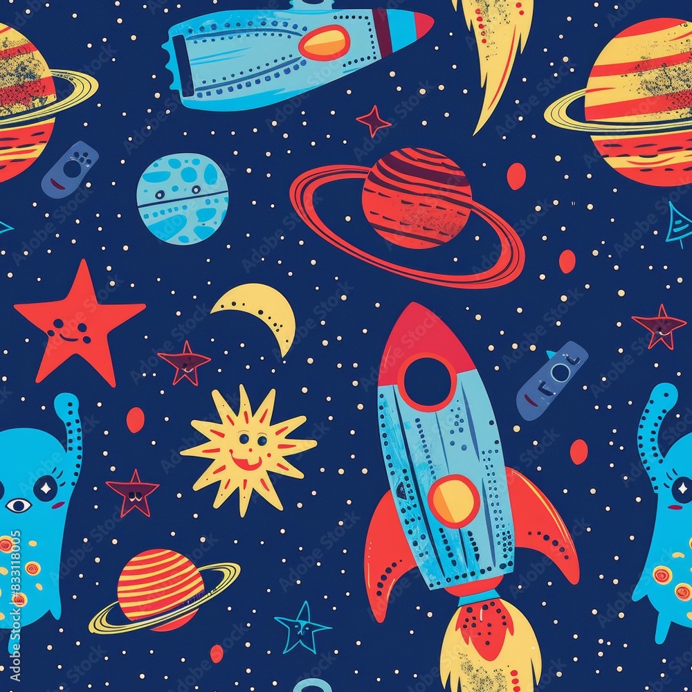 Naklejka premium seamless pattern of retro futuristic with aliens, rocky planets, and rocket ships