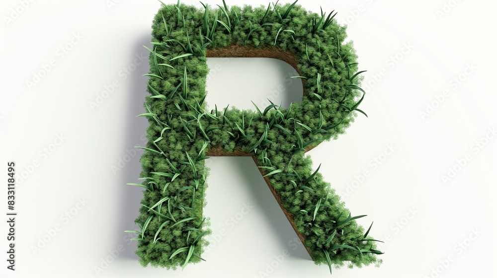 A realistic and textured letter R, composed of dense green grass, with sharp contours that define its unique form, on a white background. A realistic and textured letter R, composed of dense green grass, with sharp contours that define its unique form, on a white background.