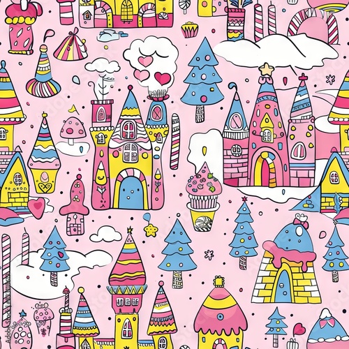 seamless pattern of candy castles with gingerbread and candy cane forests
