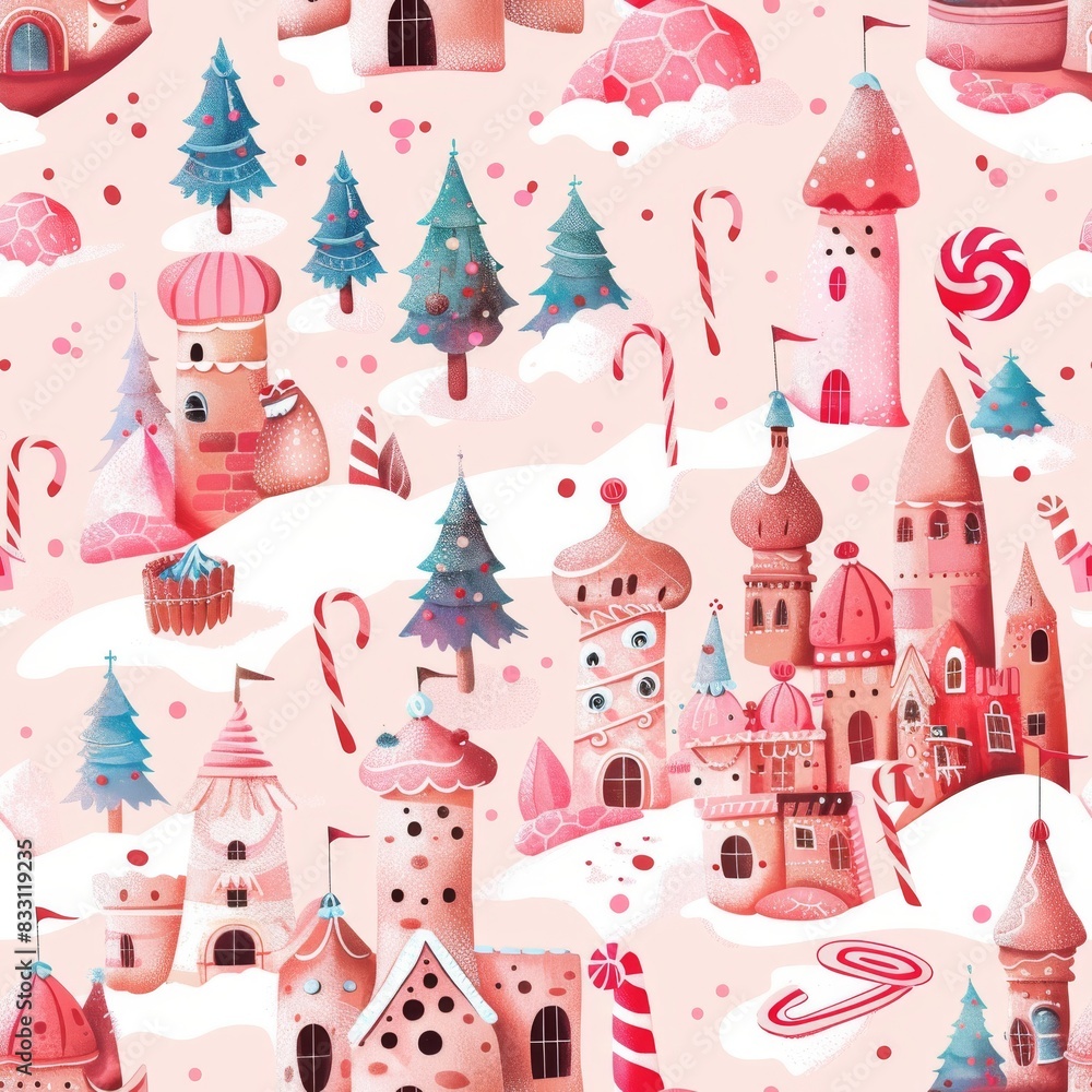 seamless pattern of candy castles with gingerbread and candy cane forests seamless pattern of candy castles with gingerbread and candy cane forests