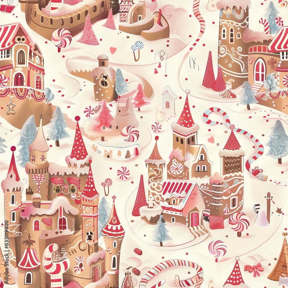 seamless pattern of candy castles with gingerbread and candy cane forests seamless pattern of candy castles with gingerbread and candy cane forests