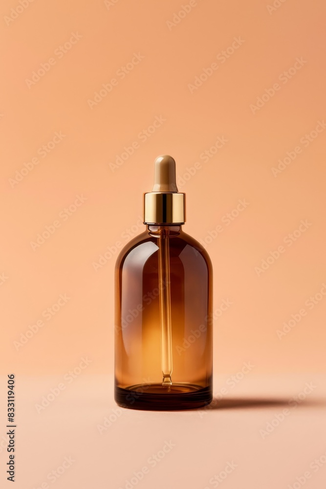 An elegant, minimalist beauty product mockup featuring an amber glass bottle with golden accents An elegant, minimalist beauty product mockup featuring an amber glass bottle with golden accents