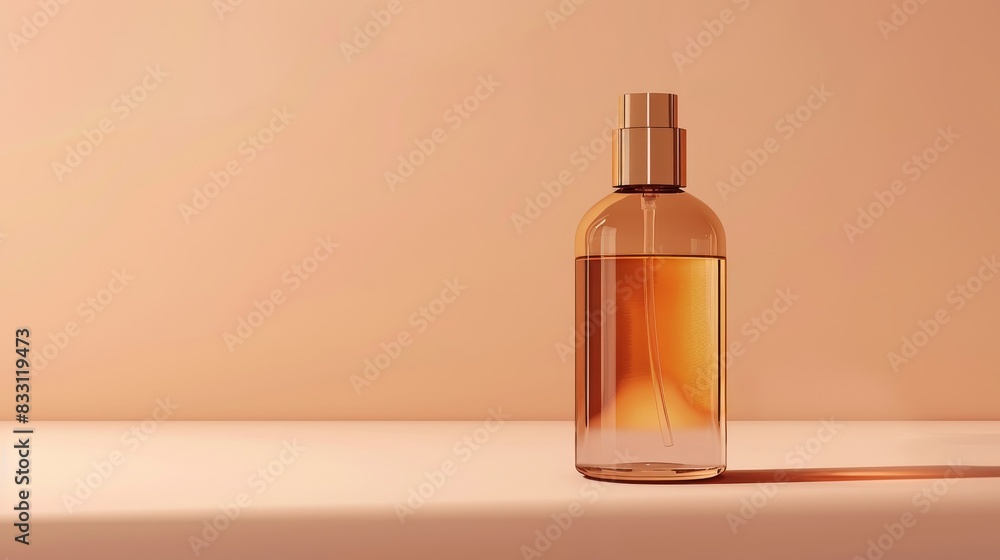 An elegant, minimalist beauty product mockup featuring an amber glass bottle with golden accents 