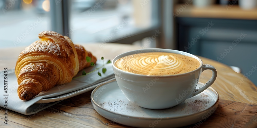Cozy Cafe Moment with a Warm Cup of Coffee and a Freshly Baked Croissant on a Rustic Bistro Table Cozy Cafe Moment with a Warm Cup of Coffee and a Freshly Baked Croissant on a Rustic Bistro Table