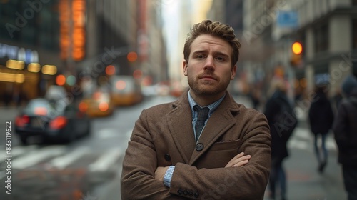 Wallpaper Mural Young professional man portrait showcasing his determination and drive, his focused expression and purposeful demeanor set against a backdrop of bustling city streets and towering skyscrapers Torontodigital.ca