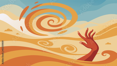 The artists fingers dance across the sand creating a temporary masterpiece of swirls and curves highlighting the beauty and fragility of impermanence.. Vector illustration