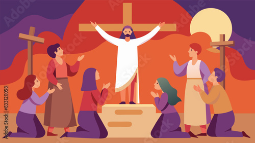 Through powerful monologues and emotional performances a group of teenagers act out the crucifixion and resurrection of Jesus reminding the audience. Vector illustration