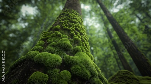 A realistic moss-covered tree trunk in a dense forest, with the moss vivid and wet, enhancing the feel of an unexplored natural landscape. photo