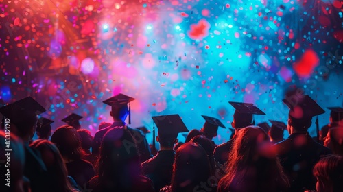 Silhouettes of graduates with caps and gowns, celebrating under a shower of confetti and colorful lights.  A joyous moment of achievement. photo