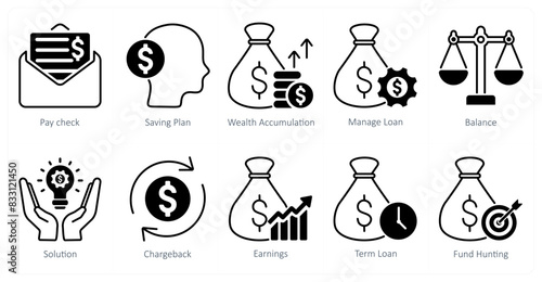 A set of 10 banking icons as pay check, saving plan, wealth accumulation
