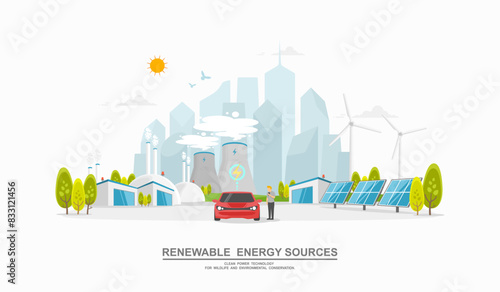 Caring for the environment and using clean green energy from renewable energy sources low carbon concept, Technology for a sustainable environment, Power generation system industry on city background