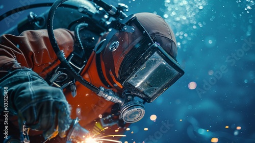 An underwater welder using a cutting tool in a close range. photo