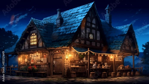 Medieval tavern exterior at night. Looping time-lapse animation background photo