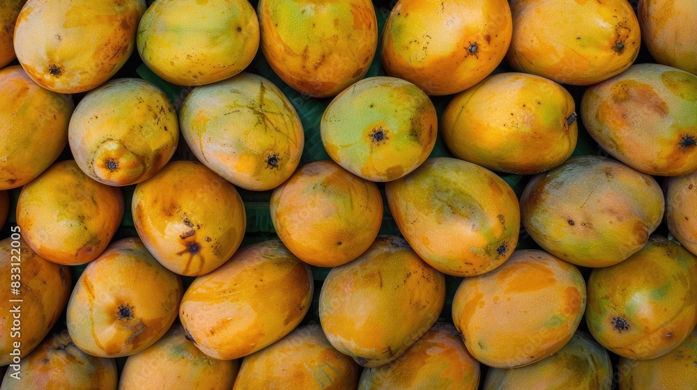A stack of ripe yellow mangoes at the fruit market serving as a textured background A stack of ripe yellow mangoes at the fruit market serving as a textured background