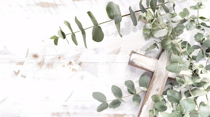 Invitation for a religious celebration featuring eucalyptus foliage and a symbolic cross for a baptism or christening ceremony.