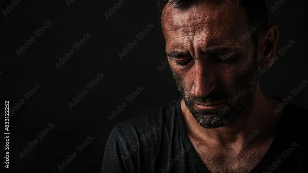 Sad man in portrait against black backdrop with room for text Sad man in portrait against black backdrop with room for text
