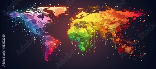 Fototapeta Naklejka Na Ścianę i Meble -  Colorful glow world map. LGBT pride gender equality wallpaper. Generative AI technology.	
