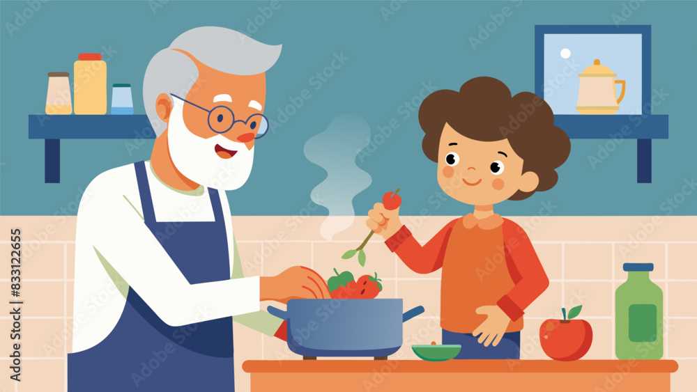 The aroma of es fills the kitchen as a wise grandfather patiently instructs his eager grandchild on the perfect way to chop vegetables for their. Vector illustration