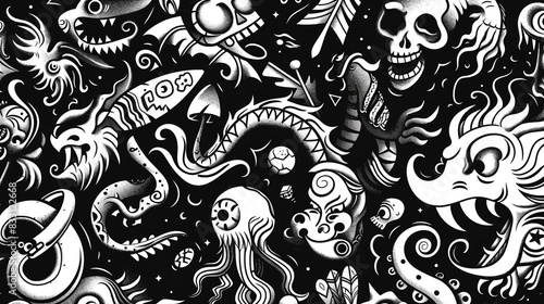 Hand-drawn black and white doodles of mythical stories and legends in a seamless design, photo