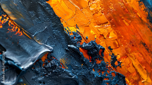 Rich ultramarine and fiery orange abstract painting in a macro shot, highlighting rough textures, photo