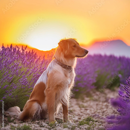 노을 진 꽃밭에 앉아있는 멋있는 강아지  photo