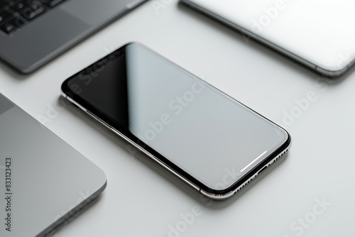 A close-up of a smartphone and laptop lying flat with their screens off, arranged neatly on a white background © nawaitesa