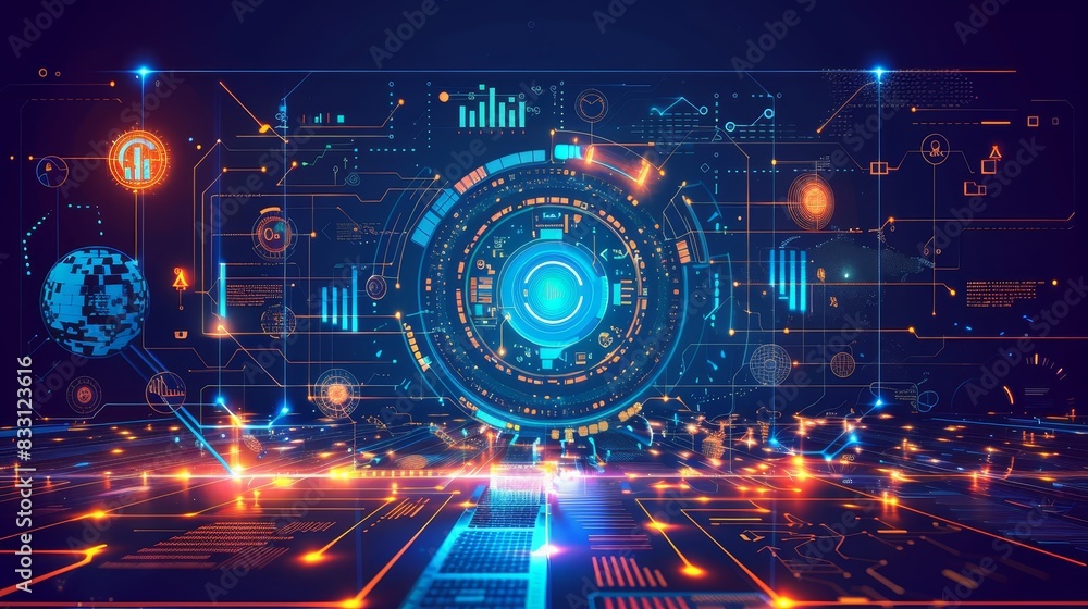 Icon and network infrastructure or data sharing on global dashboard and interface Icon and network infrastructure or data sharing on global dashboard and interface