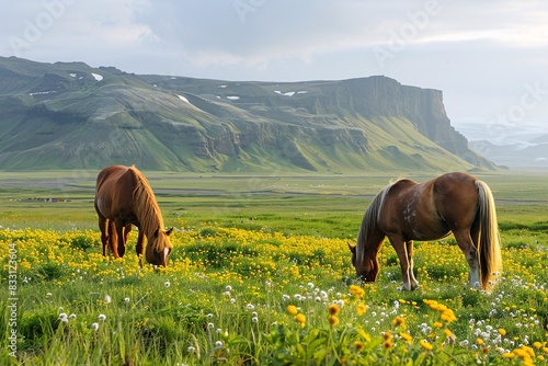 An Icelandic equine grazing in a countryside pasture. photo