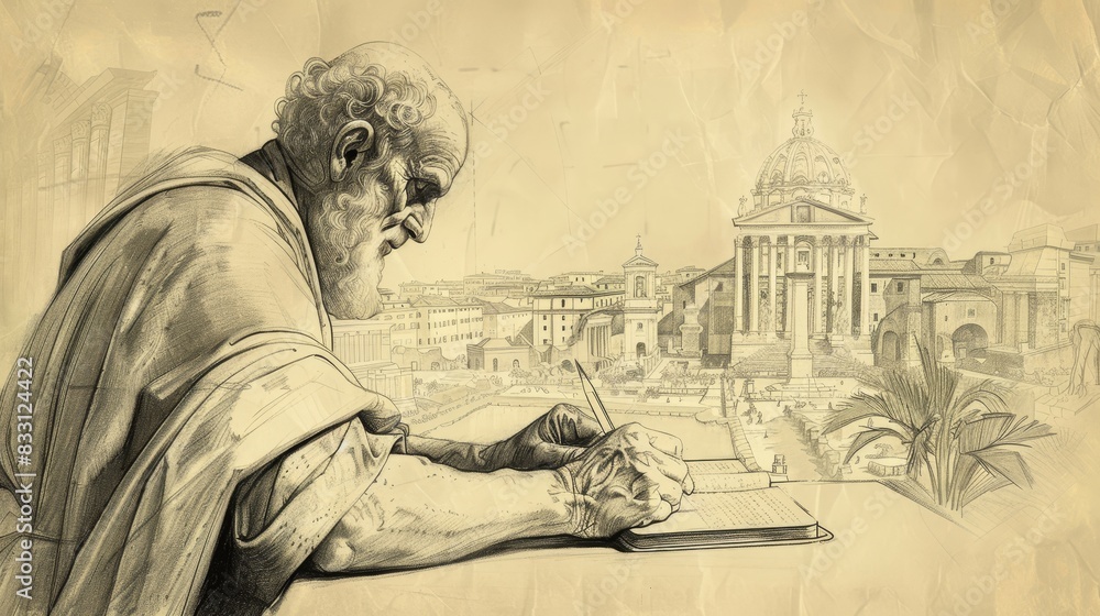 Fototapeta premium St. Gregory the Great Writing in Ancient Rome, Biblical Illustration, Beige Background, Copyspace