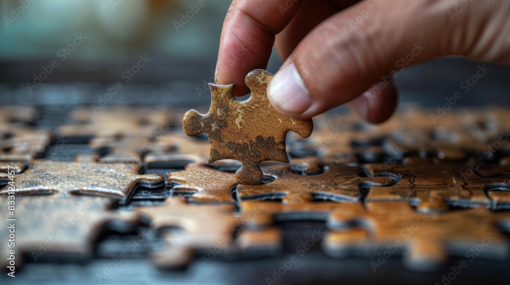 A person reaching out to grab the last piece of a puzzle from a table, with the incomplete puzzle in the background. A person reaching out to grab the last piece of a puzzle from a table, with the incomplete puzzle in the background.