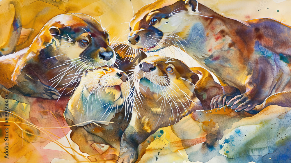 Fototapeta premium Whimsical watercolor painting of a playful otter family with distinctive whiskers, round ears, and webbed paws, captured with prime lens and natural light, exuding joy and happiness