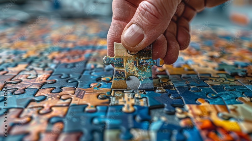 A close-up of a puzzle piece being held above its corresponding spot, ready to be placed to complete the image. A close-up of a puzzle piece being held above its corresponding spot, ready to be placed to complete the image.