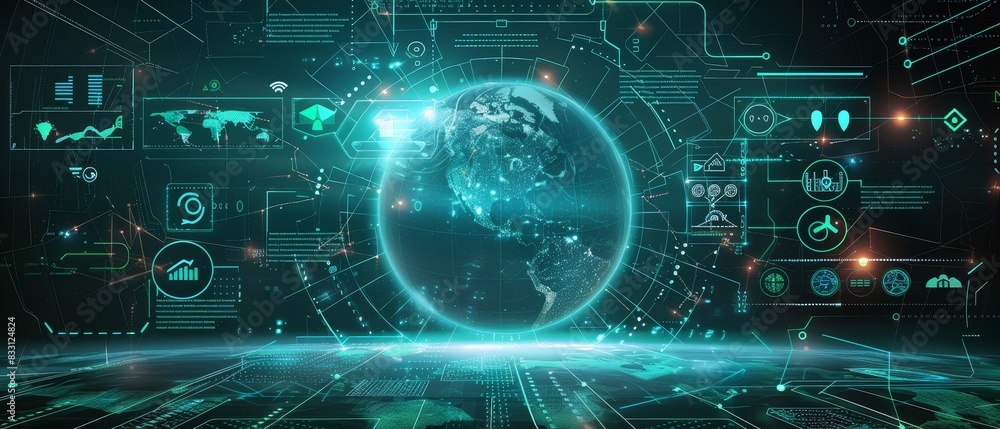 Icon and network infrastructure or data sharing on global dashboard and interface Icon and network infrastructure or data sharing on global dashboard and interface