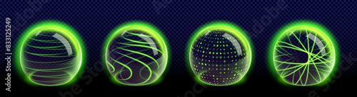 Protect sphere with green neon glow pattern. Realistic 3d vector illustration set of futuristic dome shield with energy light effect. Abstract glass transparent bubble defense barrier field.