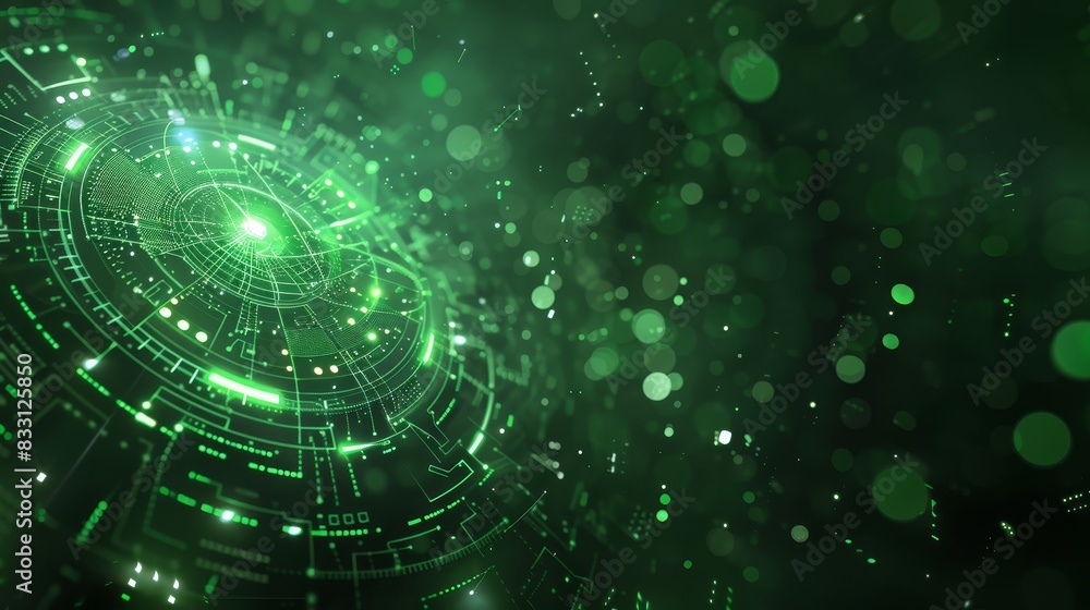 Fototapeta premium Green tech and icon for communication or data sharing on global dashboard and interface
