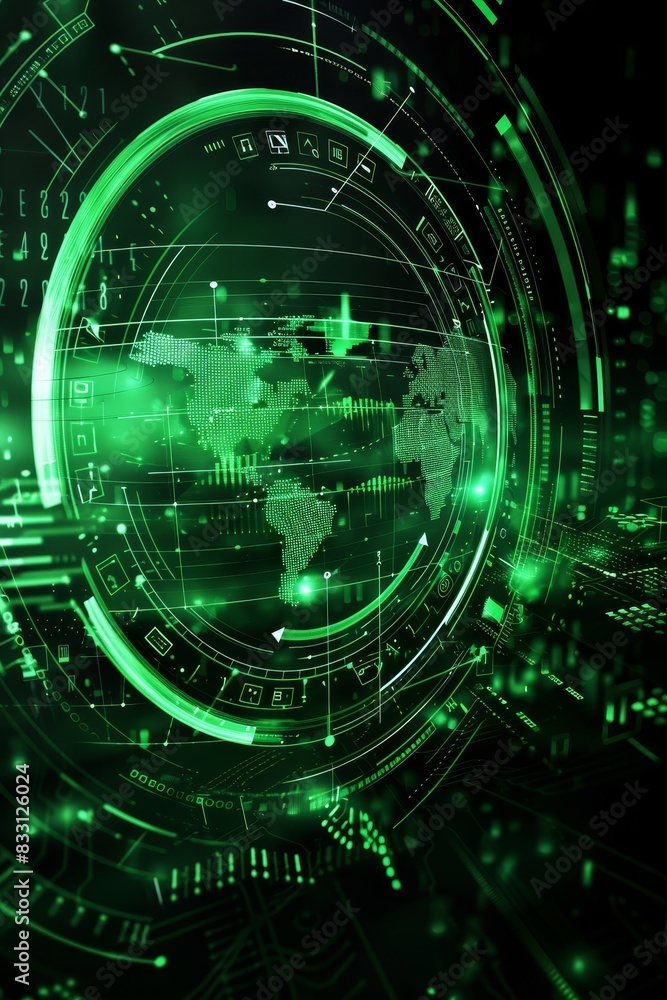 Green tech and icon for communication or data sharing on global dashboard and interface Green tech and icon for communication or data sharing on global dashboard and interface