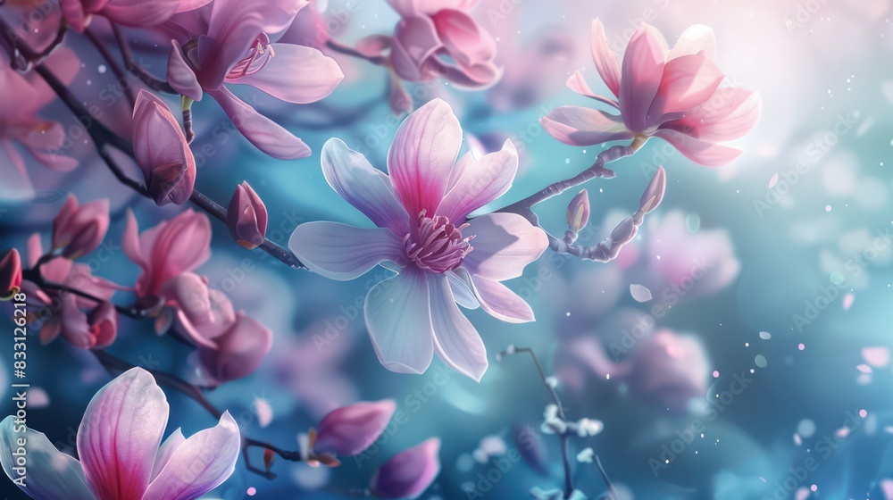 A vibrant image featuring pink magnolia flowers in full bloom with a soft, bokeh effect in the background A vibrant image featuring pink magnolia flowers in full bloom with a soft, bokeh effect in the background
