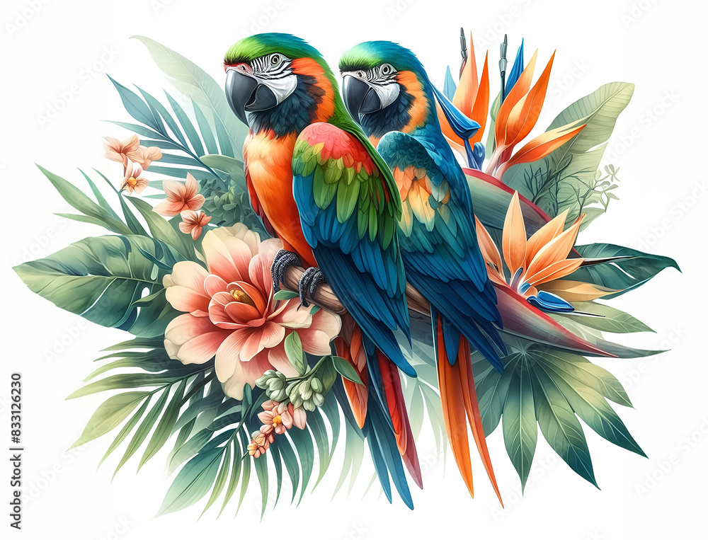Obraz premium Watercolor illustration of two colorful parrots sitting on a branch surrounded by leaves and flowers