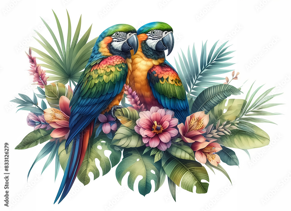 Fototapeta premium Watercolor illustration of two colorful parrots sitting on a branch surrounded by leaves and flowers