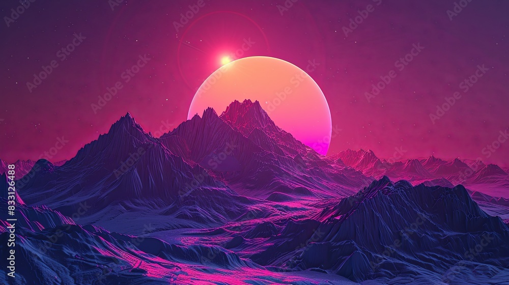 Retro Elegance: 3D Illustration of a Purple Mountain and a Large Sun. the classic retro style with a modern twist, stunning purple mountain under a grand sun Retro Elegance: 3D Illustration of a Purple Mountain and a Large Sun. the classic retro style with a modern twist, stunning purple mountain under a grand sun