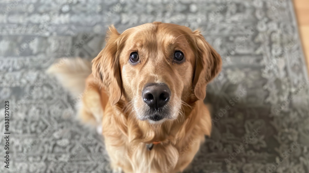 The image features a dog with its face blurred out, lying on an intricately patterned rug The image features a dog with its face blurred out, lying on an intricately patterned rug