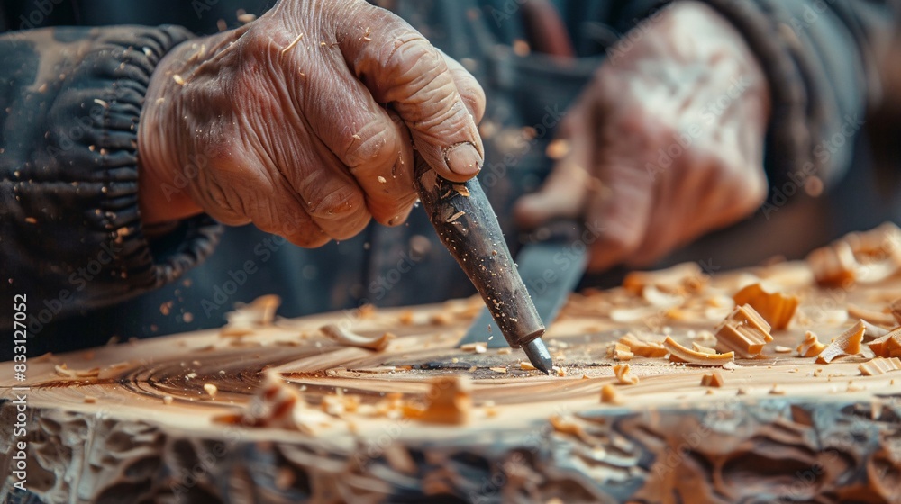 Artisan using carving tools to shape wood. Artisan using carving tools to shape wood.