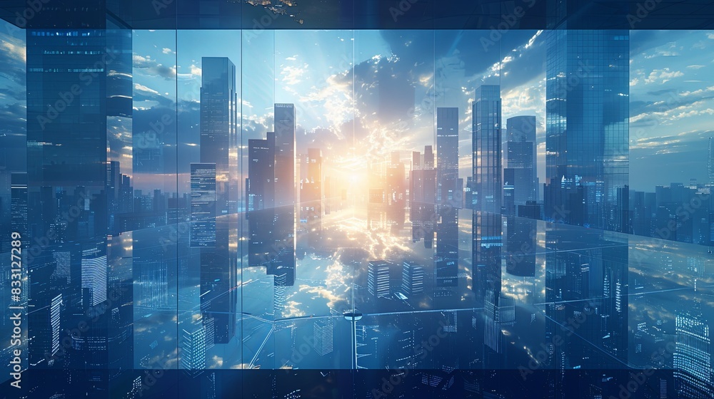 Modern Skyscrapers of a Smart City in Futuristic Financial District with Reflections and Warm Sun Rays. Blue Background for Corporate and Business Templates Highlighting Urban Innovation/Architecture. Modern Skyscrapers of a Smart City in Futuristic Financial District with Reflections and Warm Sun Rays. Blue Background for Corporate and Business Templates Highlighting Urban Innovation/Architecture.