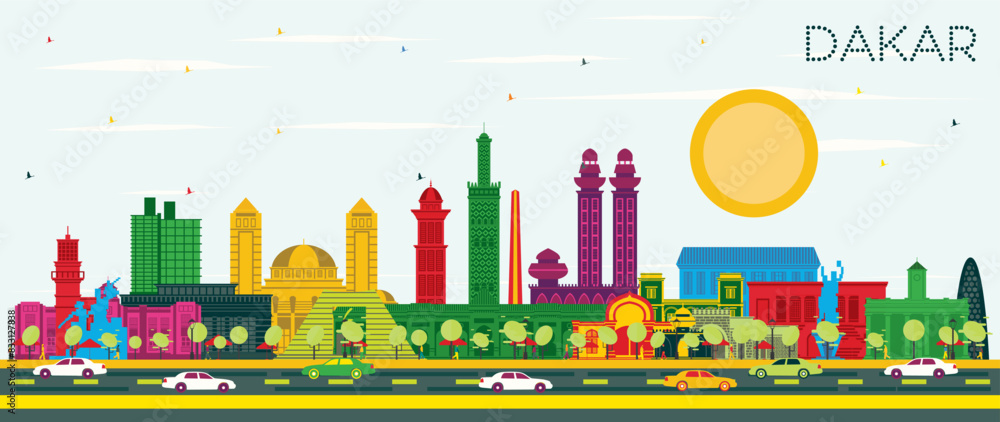 Obraz premium Dakar Senegal City Skyline with Color Buildings and Blue Sky. Business Travel and Concept with Historic Architecture. Dakar Cityscape with Landmarks.
