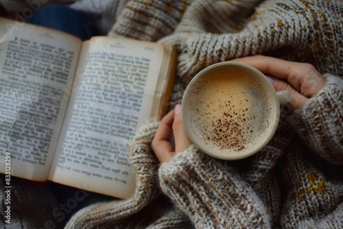 Person holding a cup of coffee with a book