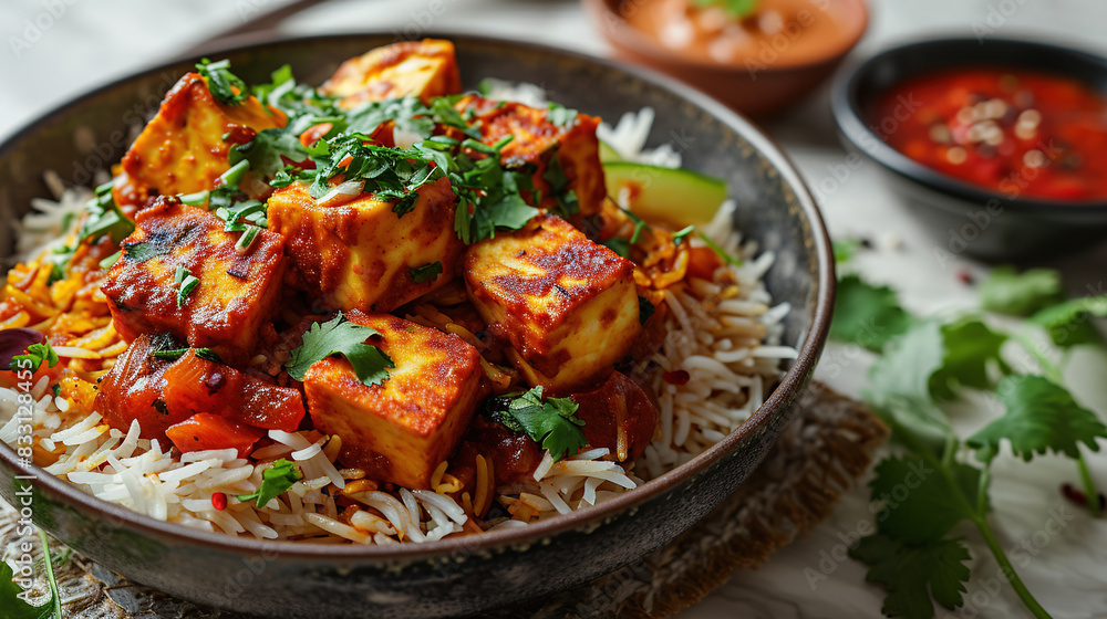 Bowl of Fresh Delicious Paneer Tikka Masala and White Rice Served On Table On Blur Background Bowl of Fresh Delicious Paneer Tikka Masala and White Rice Served On Table On Blur Background