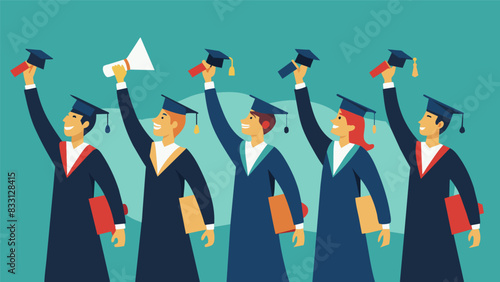 Standing in a row graduates proudly fling their hats in the air a symbolic gesture of their unity and solidarity in reaching this milestone.. Vector illustration