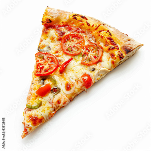 Pizza slice isolated on white background, online delivery from pizzeria, take away and fast food concept photo